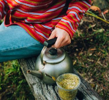 Person holding kettle with cup of yerba mate drink on log
